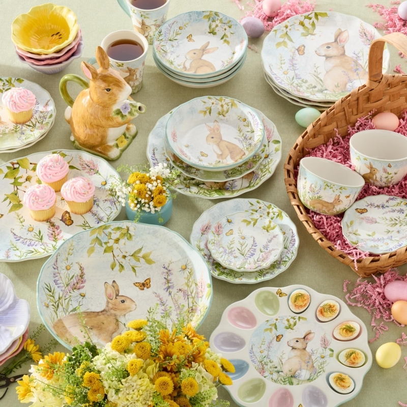 Ceramic Dinnerware Set 16-Piece Bunny Floral Holiday Table Setting