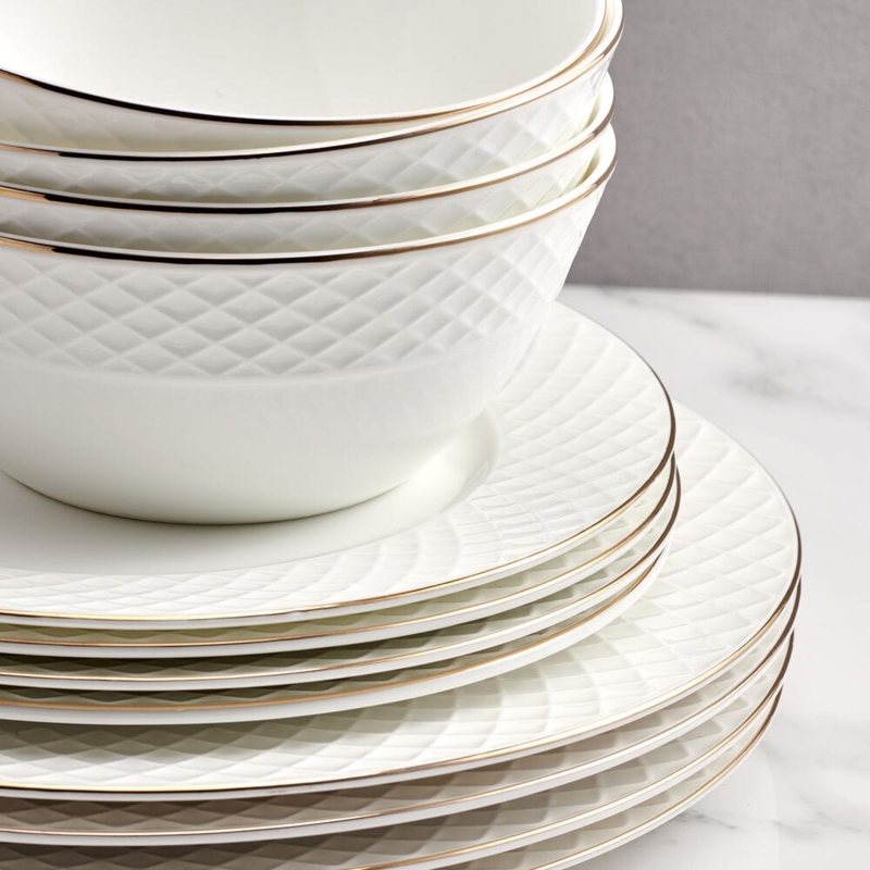 Ceramic Dinnerware Set Geometric Gold Trellis Pattern