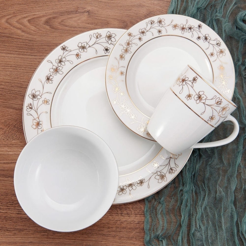 Ceramic Dinnerware Set Metallic Gold Floral Motif