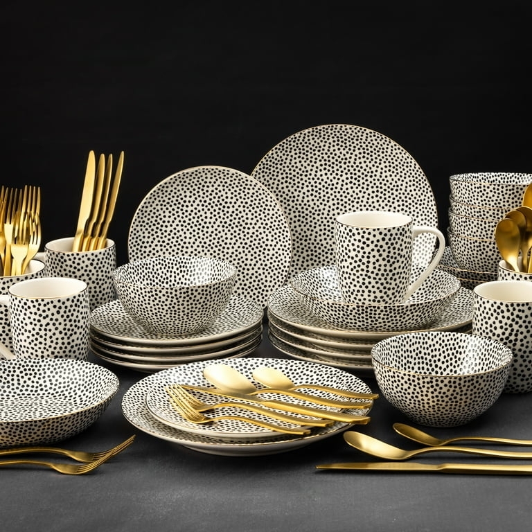 Ceramic Dinnerware Set Raised Dot Border Gold Flatware