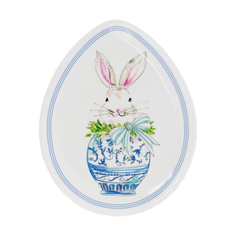 Ceramic Egg Plate Boxwood Wreath Themed Bunny Figurine Center