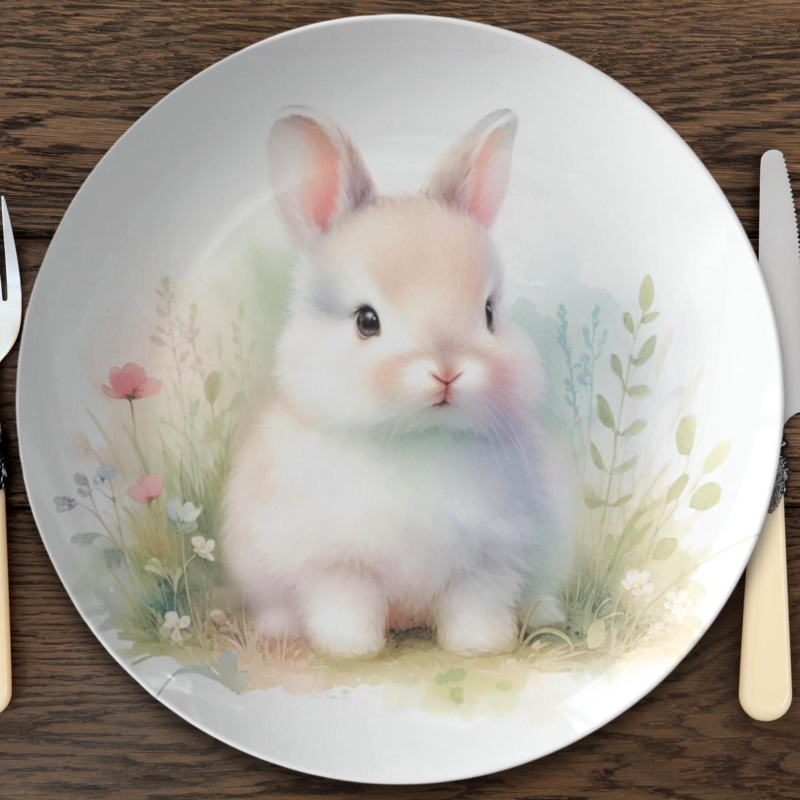 Ceramic Plates Stackable Design Layered Pastel Yellow Rim Bunny