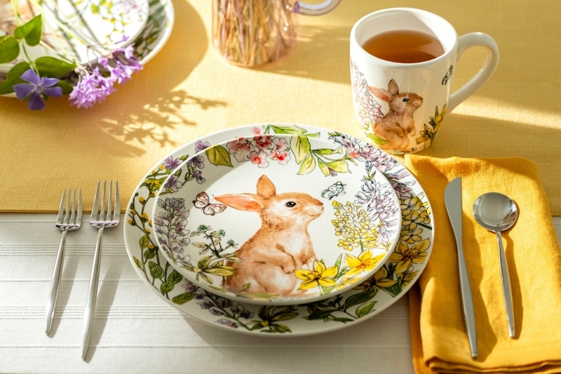 Ceramic Salad Plate Floral Wreath Spring Garden Bunny Pottery