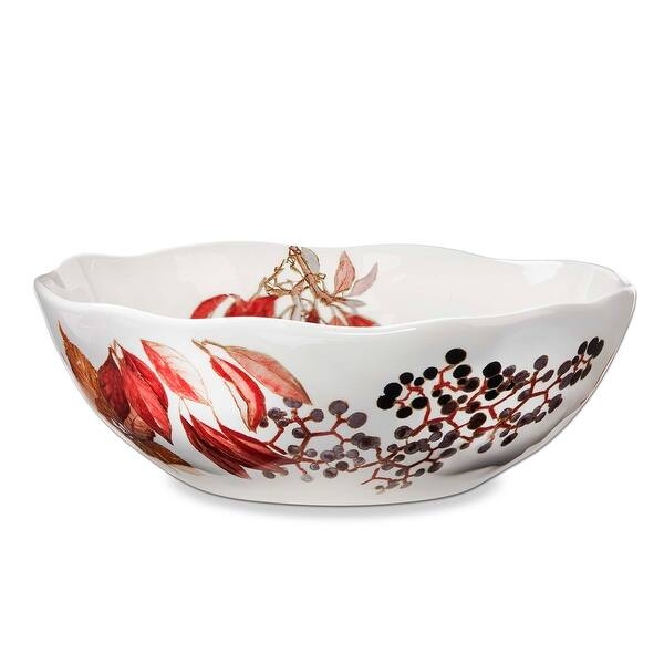 Ceramic Serving Bowl, Embossed Leaf Motif, Autumnal Harvest Centerpiece