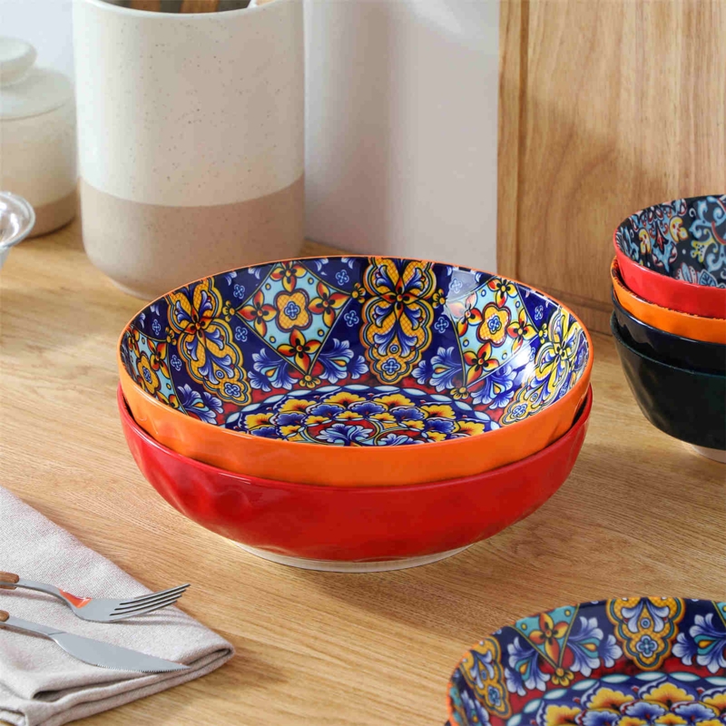Ceramic Serving Bowl Set, Flame Red Glaze, Bold Kitchen Tabletop Accent
