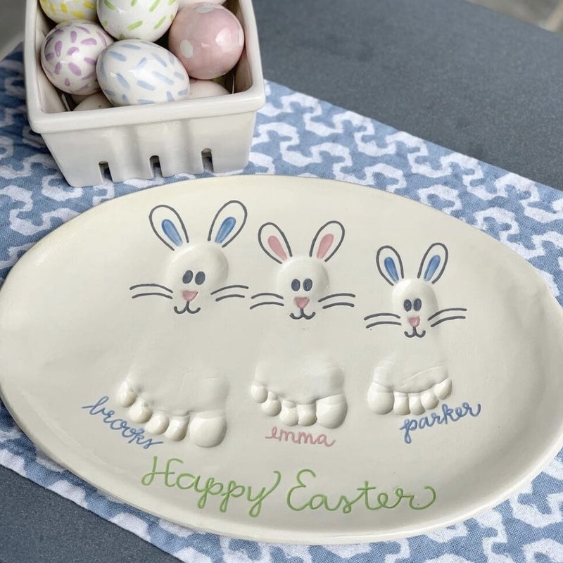 Ceramic Serving Platter Hand-Painted Bunny Floral Cottagecore Dish