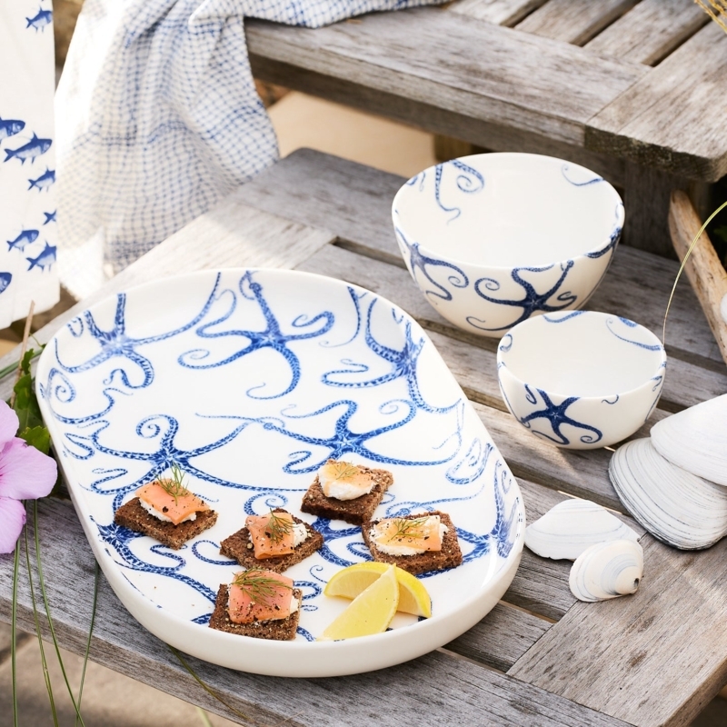 Cereal Bowl Ceramic Blue Starfish Motif Flared Rim Coastal