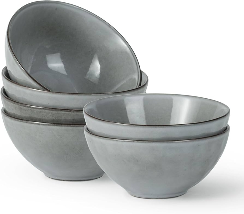 Cereal Bowl Set Reactive Glaze Tan Brown Rim Stackable