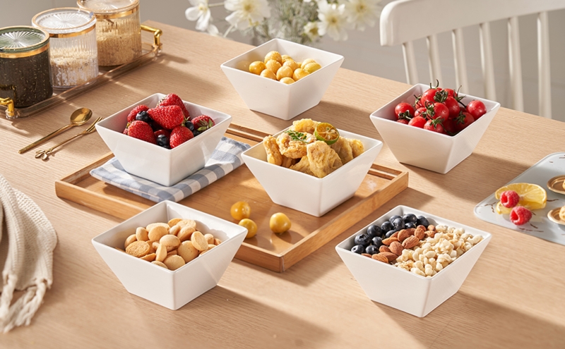 Cereal Bowls White Porcelain Small Square Set of 6 Glossy