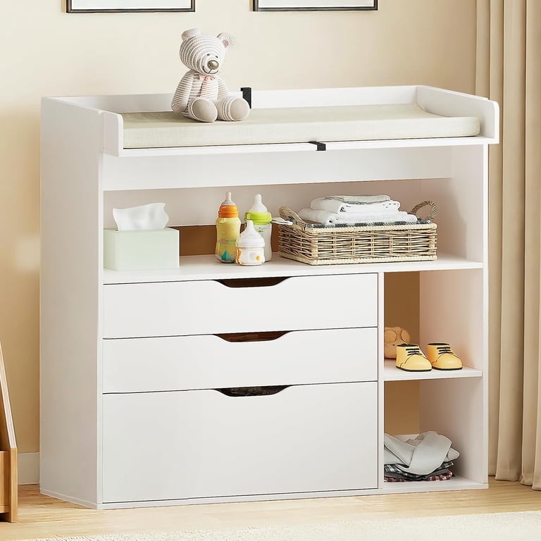 Changing Table Asymmetrical 3-Drawer Open Shelves Nursery Storage Solution