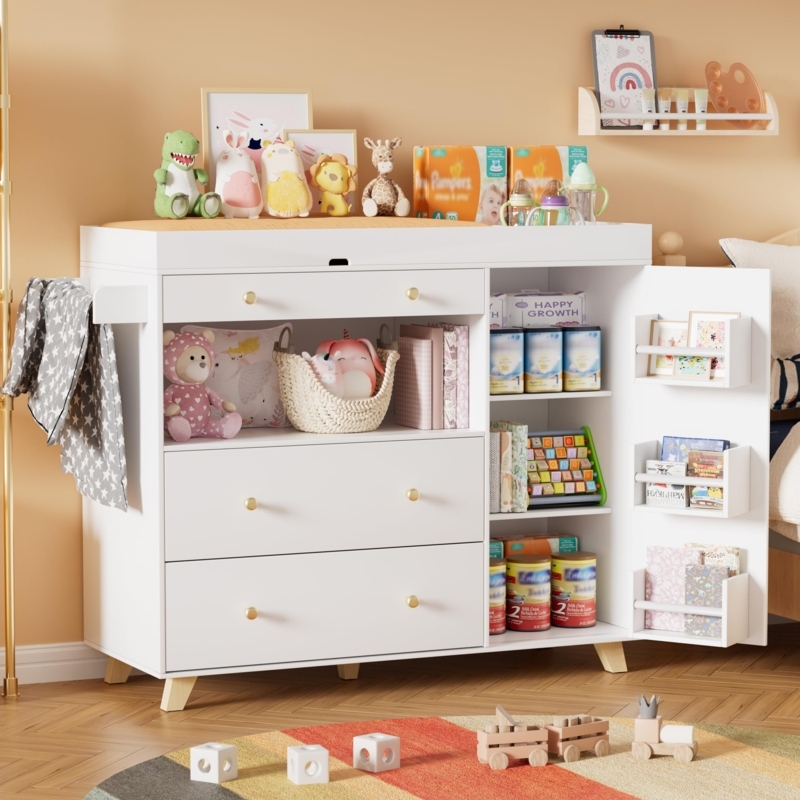 Changing Table Dresser sporting Asymmetric Design and Gold Hardware