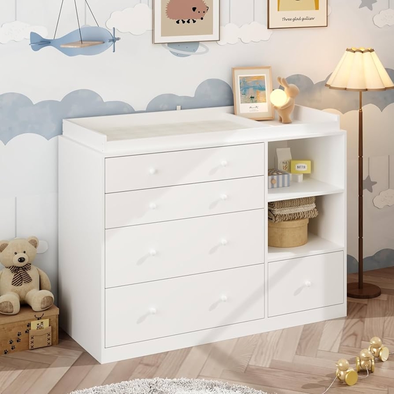 Changing Table Dresser with Asymmetrical Storage and Cutout Handles