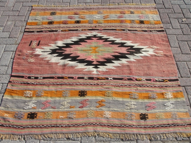 Charcoal and Rust Tribal Kilim Area Rug with Fringed Edges