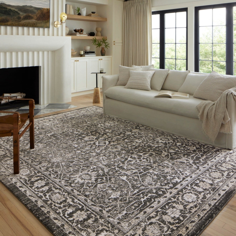 Charcoal and Silver Area Rug, Distressed Medallion Pattern.