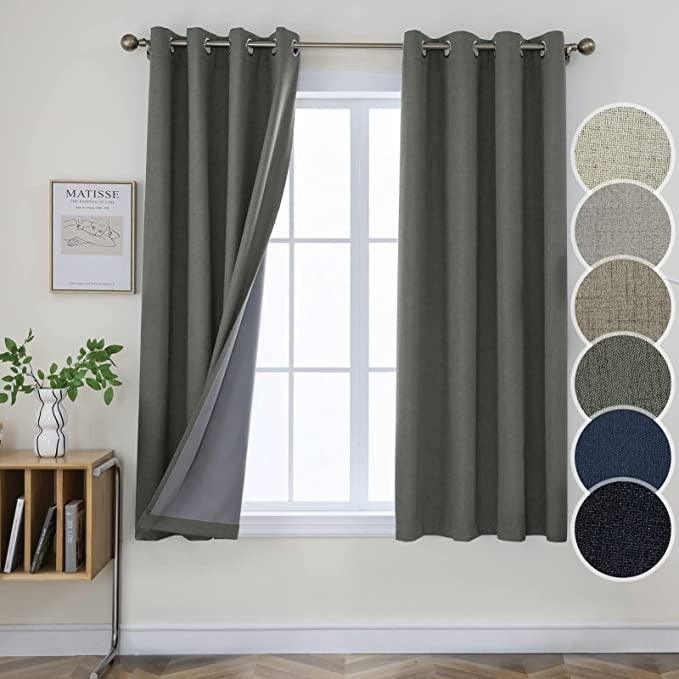 Charcoal Grey Blackout Curtains, Linen-Like Texture, Grommet Top