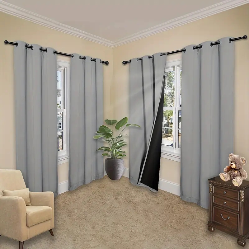 Charcoal Grey Blackout Curtains Woven Texture Thermal
