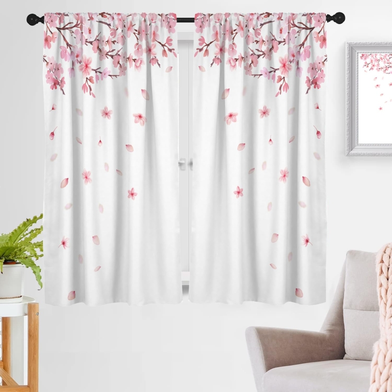 Cherry Blossom Motif Window Curtains Botanical Rod Pocket Farmhouse Decor