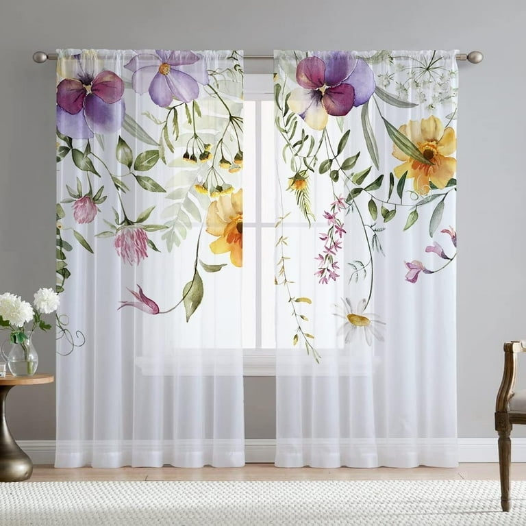 Chiffon Sheer Curtains Purple Yellow Florals Airy Elegant