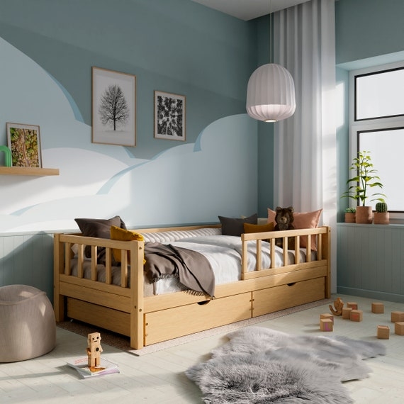 Childrens Bed House Silhouette Natural Wood Trundle With Drawers