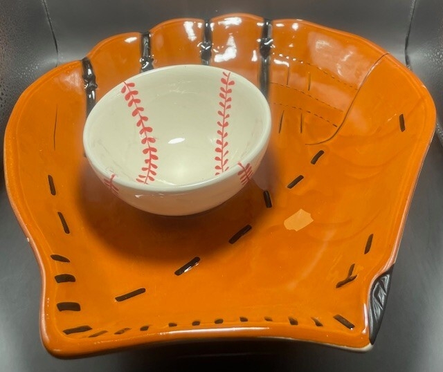 Chip And Dip Bowl Baseball Mitt Shape Glossy Tan Ceramic Server