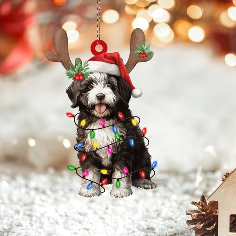 Christmas Ornament Acrylic Portuguese Water Dog Santa Hat Antlers