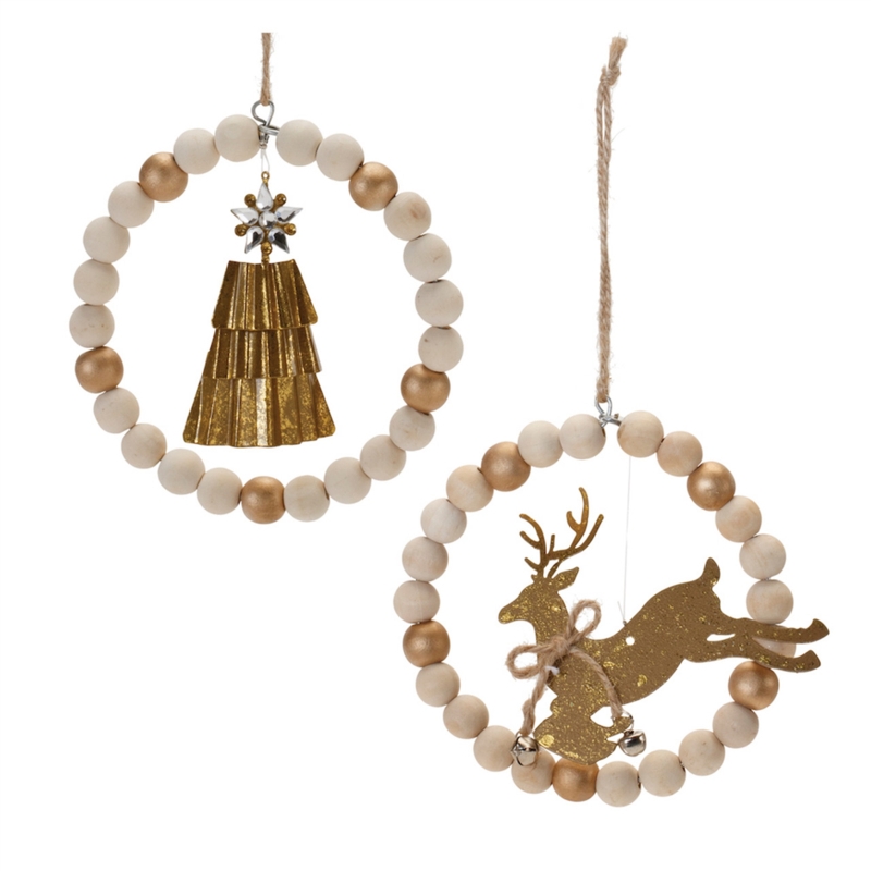 Christmas Ornament Beaded Trim Wood Silhouette Rustic Tree Decor