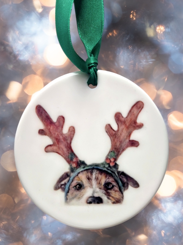 Christmas Ornament Ceramic Pet Illustration Glossy Finish Whimsical