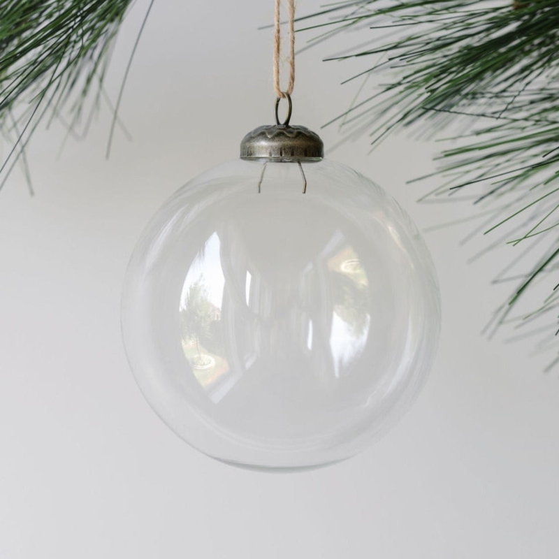 Christmas Ornament Clear Glass Ball Silver Cap Minimalist Holiday Decor
