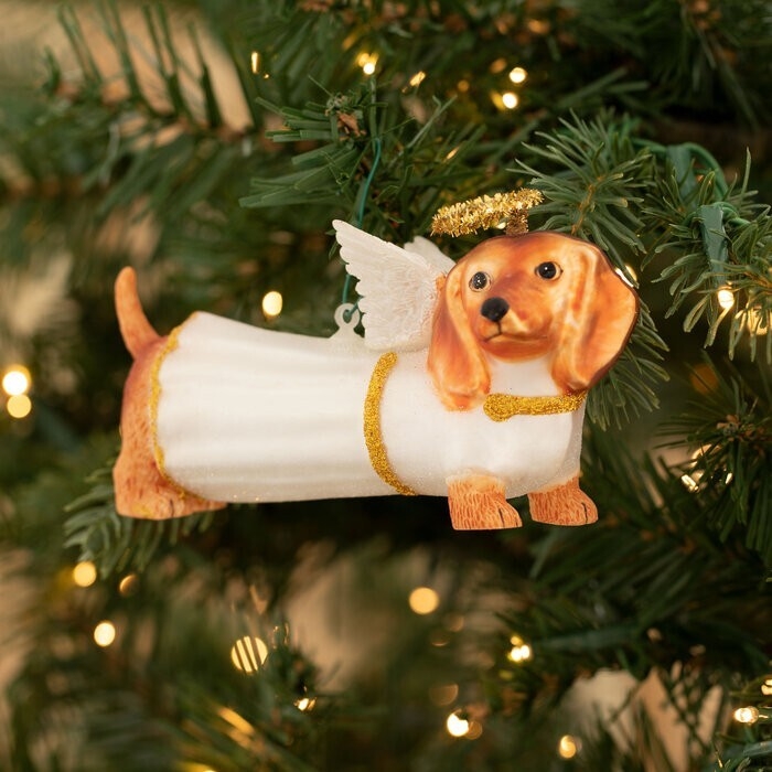 Christmas Ornament Dachshund Angel Design Iridescent Wings Gold Halo