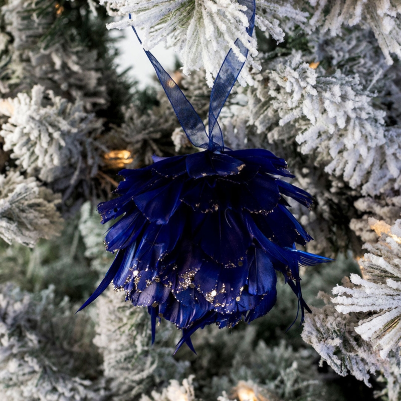 Christmas Ornament Feather Covered Navy Blue Gold Matte Finish