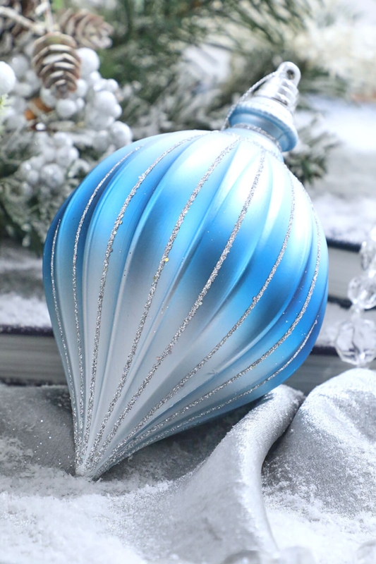 Christmas Ornament Frosted Blue Texture Silver Swirls Drop Finial