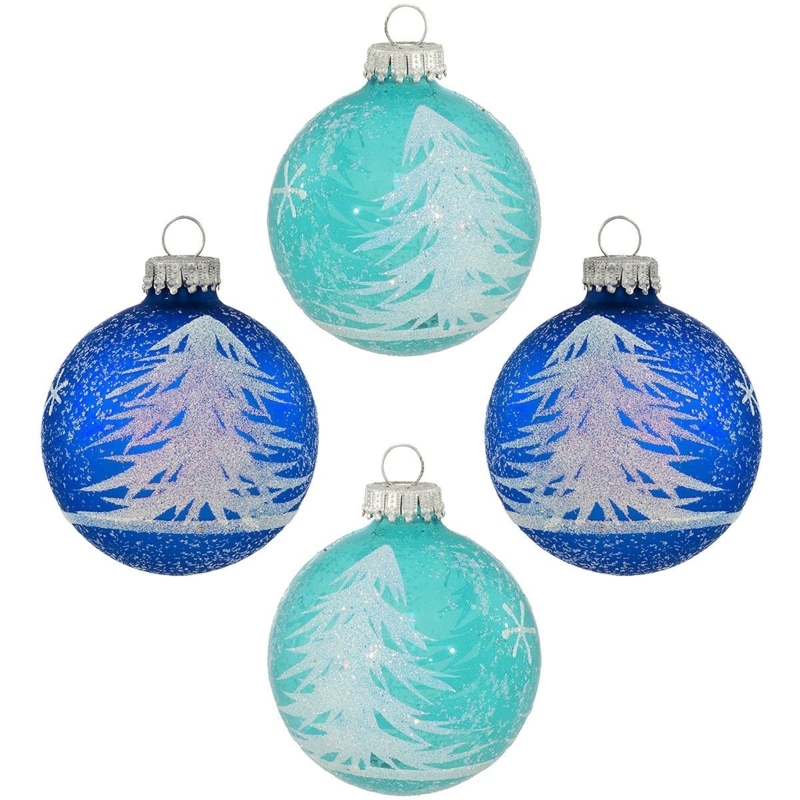 Christmas Ornament Glitter Tree Design Aqua Teal Glass Set