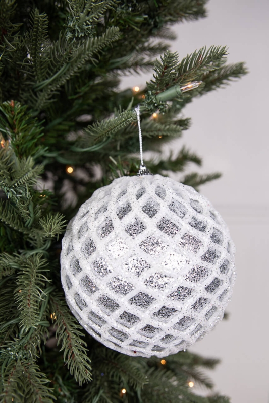 Christmas Ornament: Glittered Net Overlay Two-Tone Silver Metallic Ball
