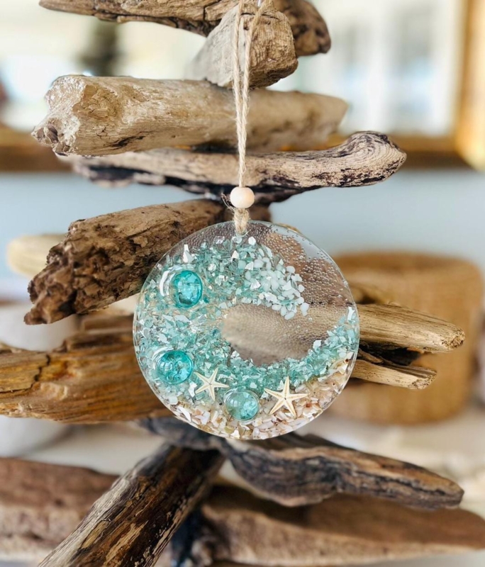 Christmas Ornament: Glossy Resin Wave Art with Sea Foam Lacing and Jute