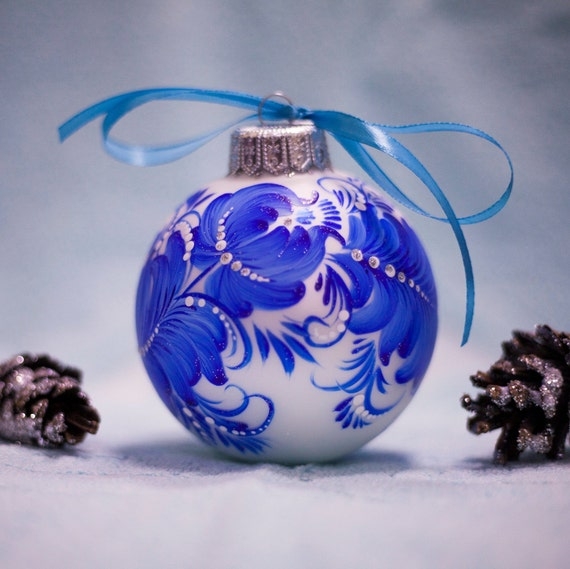 Christmas Ornament Hand Painted Floral Design Navy Silver Glass