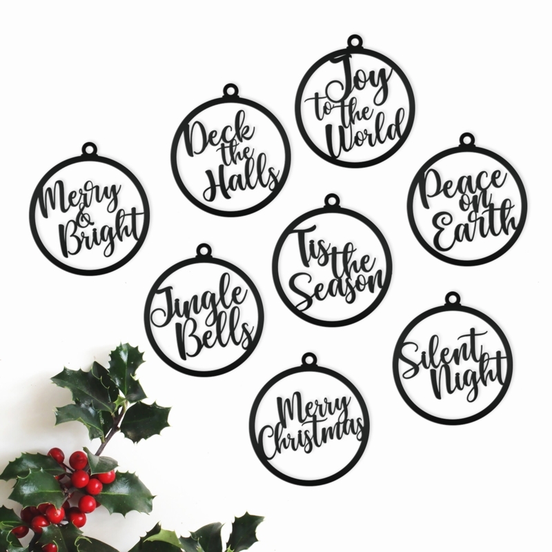Christmas Ornament Matte Black Metal Set Laser Cut Lettering Farmhouse