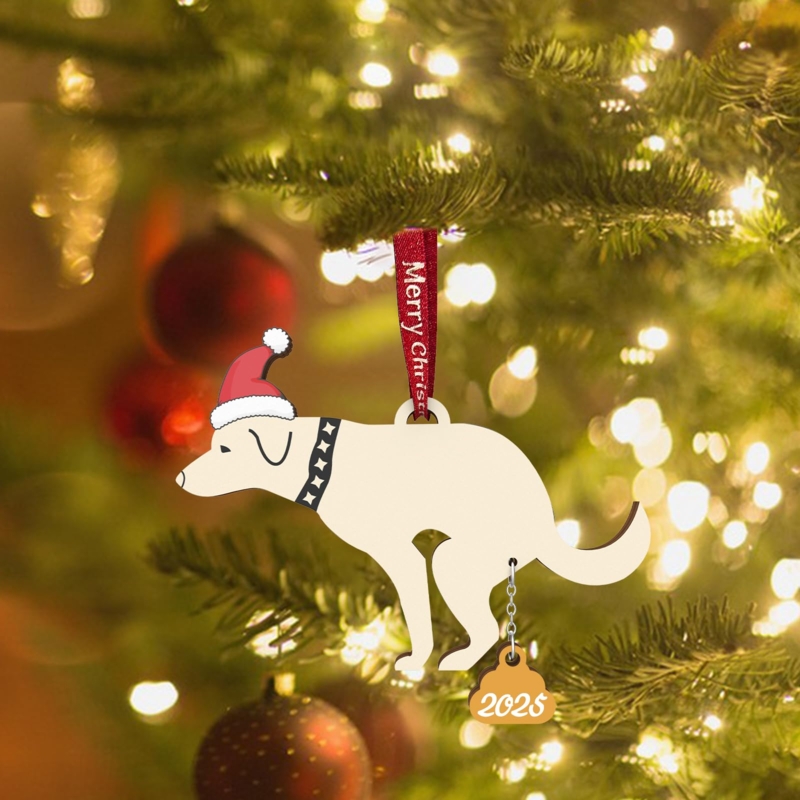 Christmas Ornament Novelty Wood Toned Pooping Dog Silhouette Engraved