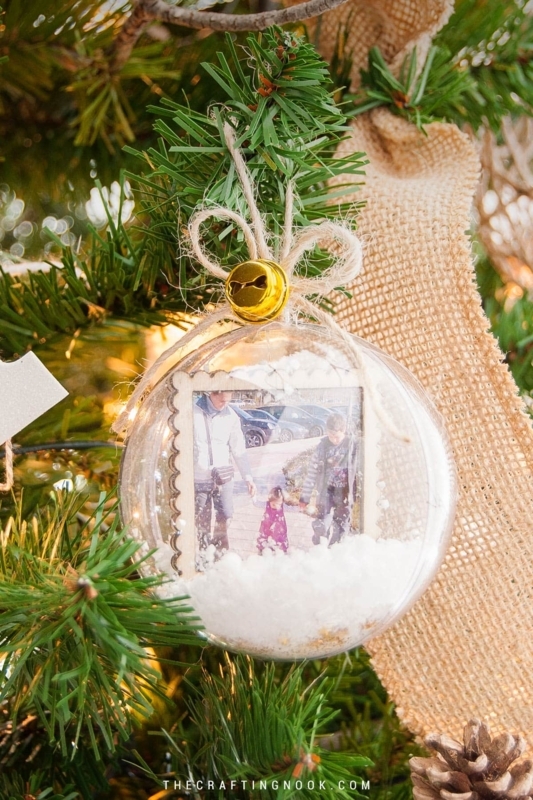 Christmas Ornament Photo Keepsake Snow Globe Style Ribbon Bow Nostalgic