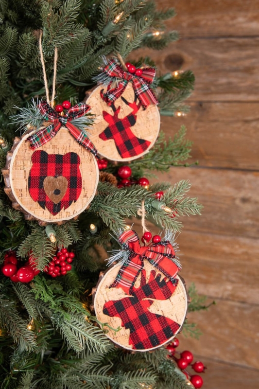 Christmas Ornament: Plush Fabric Animal Shapes with Buffalo Plaid Scarves.