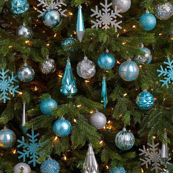 Christmas Ornament Set Assorted Shapes Tray Blue Silver Shatterproof