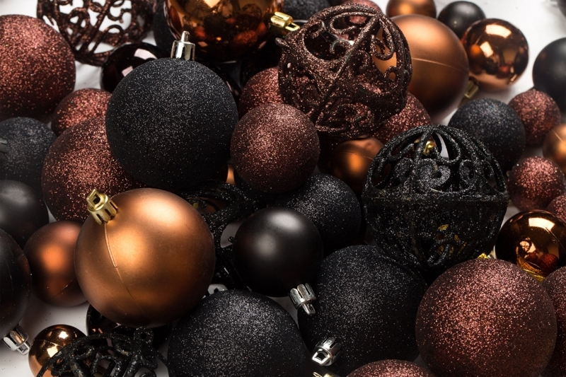 Christmas Ornament Set Brown Black Mixed Finishes Sophisticated (65 chars)