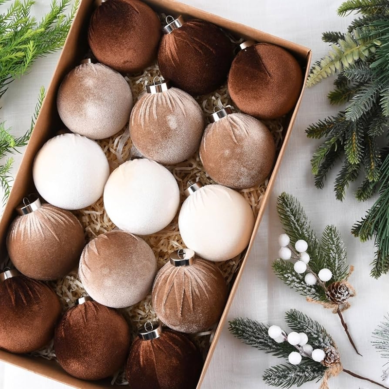 Christmas Ornament Set: Brown Velvet Finish, Shatterproof Material