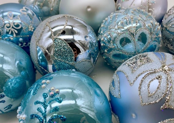 Christmas Ornament Set Glitter Snowflake Detail Navy Silver Glass