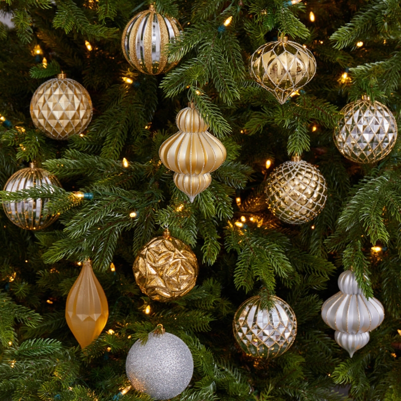 Christmas Ornament Set Gold Mixed Textures Shatterproof Mantel Decor
