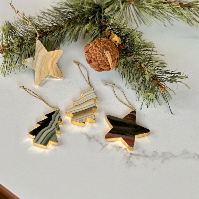 Christmas Ornament Set: Natural Agate Stone Stars with Gold Edges