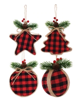 Christmas Ornament Set of Four: Circular Fabric with Faux Pine Accents.