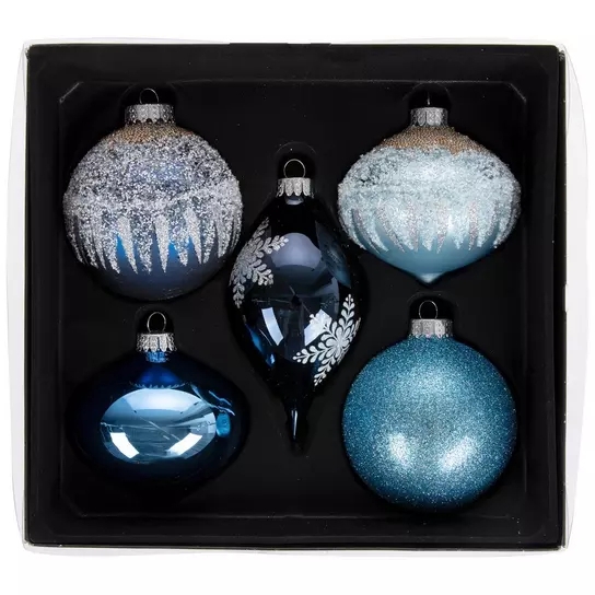 Christmas Ornament Set Ornate Navy Gold Damask Pattern Finial Shapes