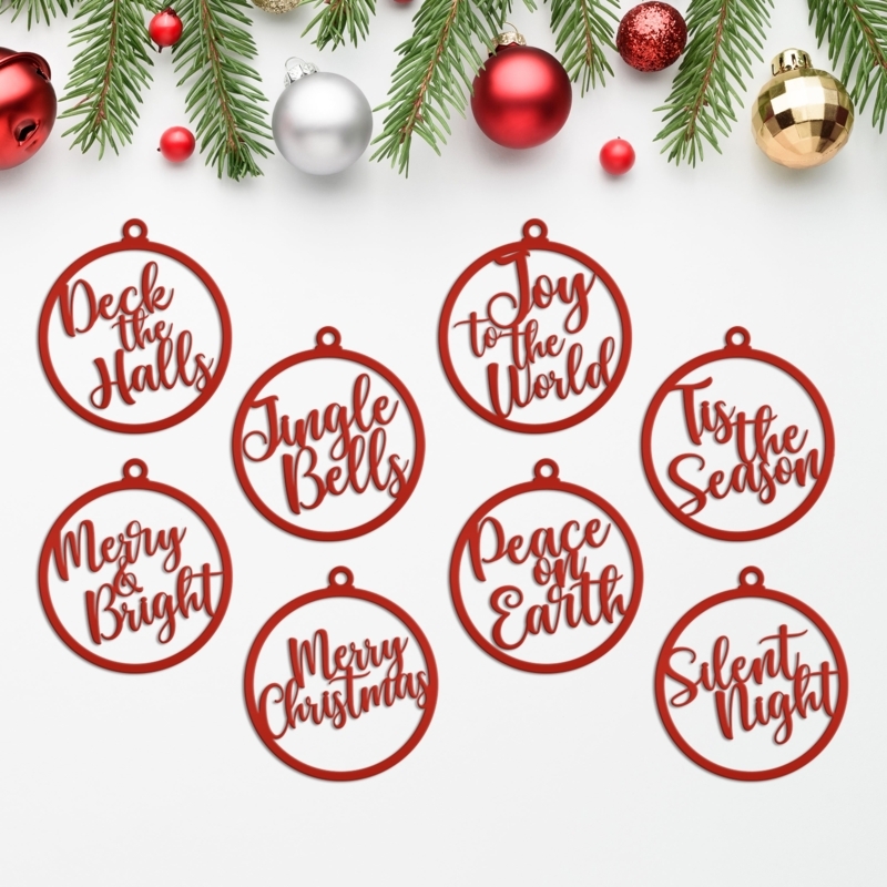 Christmas Ornament Set Red Metal Cutout Typography Modern Farmhouse