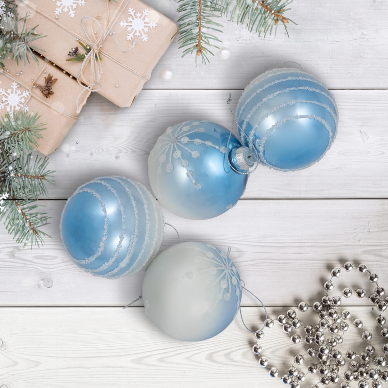 Christmas Ornament Striped Snowflake Motif Blue White Glossy Glass