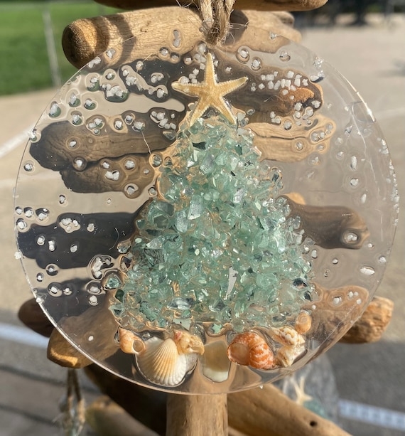 Christmas Ornament: Translucent Aqua Glass Ball with Beach Shell Fill